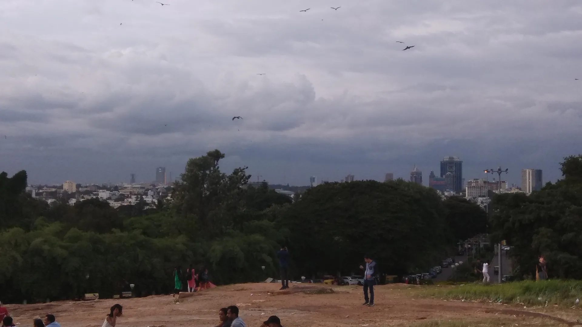 Bengaluru city skyline seen across parkland